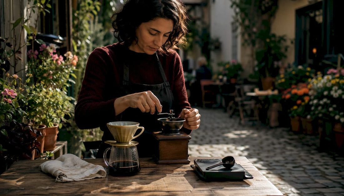 Barista grinding Guatemalan Primavera coffee beans