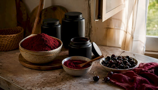 Variety of black cherry powders and fresh cherries