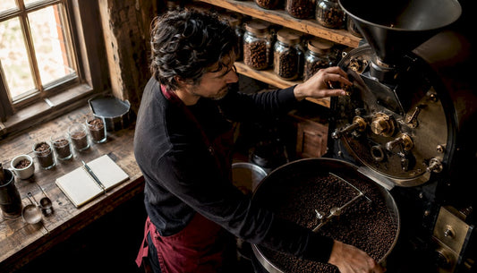 Barista adjusting coffee roaster machine