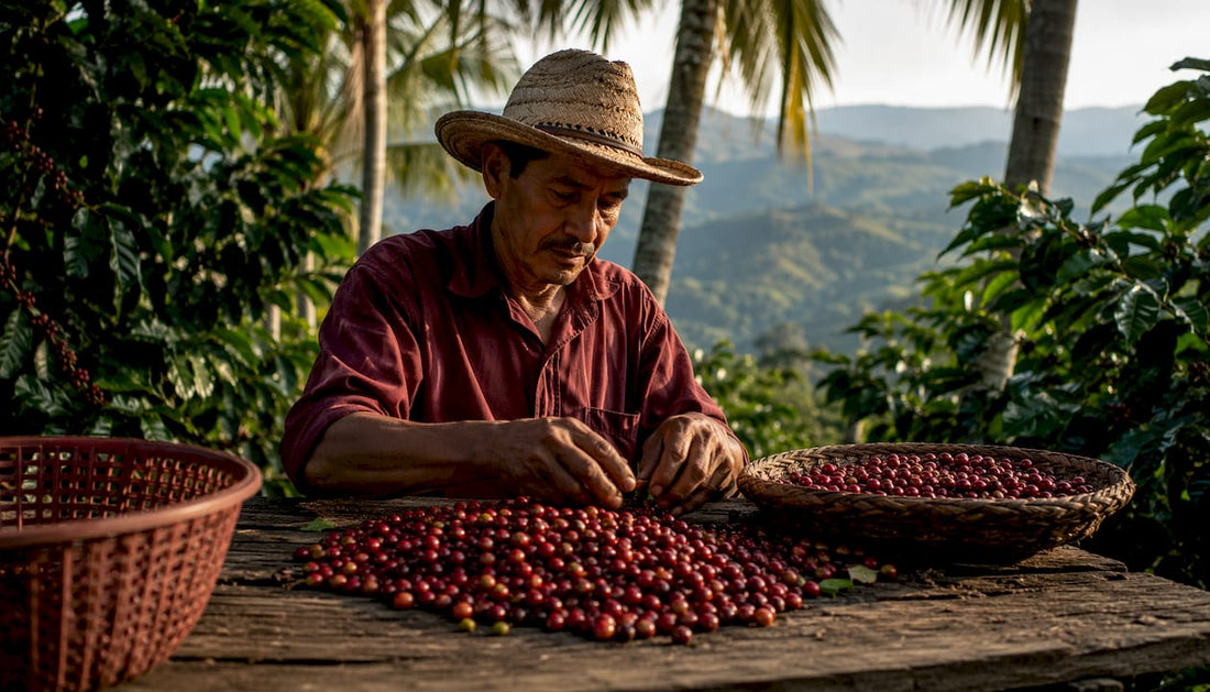 Coffee farmer sorting ripe cherries outdoors