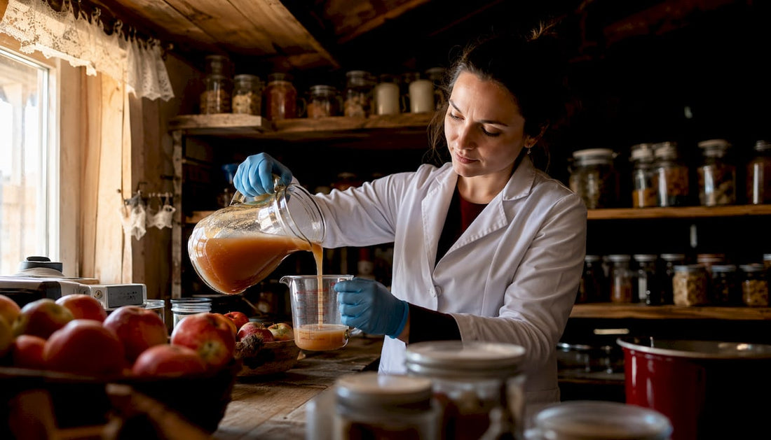 Scientist pouring apple cider concentrate in kitchen