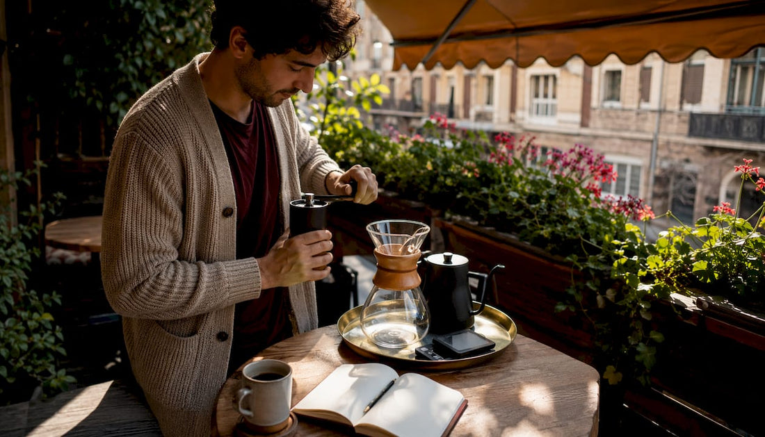 Remote worker preparing fresh coffee at home