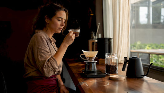 Woman smelling specialty coffee at kitchen table