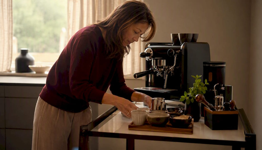 Woman arranging espresso equipment on coffee bar sideboard