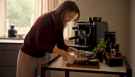 Woman arranging espresso equipment on coffee bar sideboard