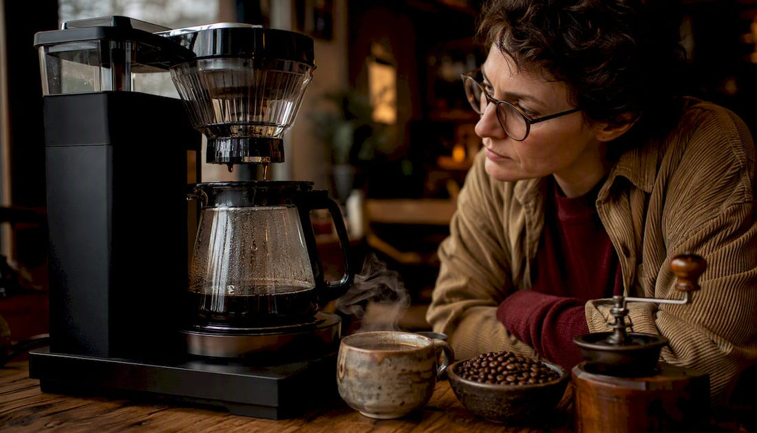 Person using modern drip coffee maker in home kitchen