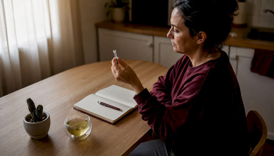 Woman testing morning cortisol levels at kitchen table