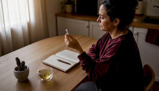 Woman testing morning cortisol levels at kitchen table