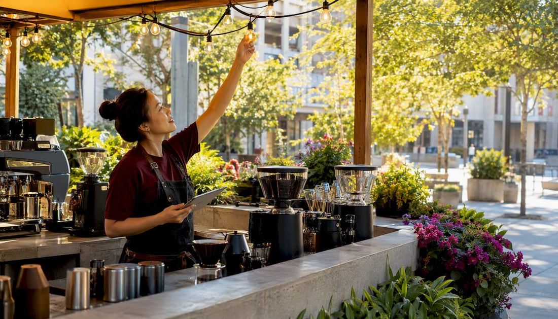 Coffee bar with layered warm lighting and barista