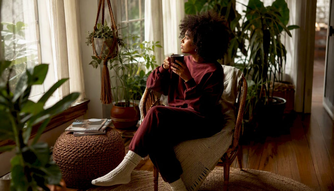 Woman enjoying morning coffee by window
