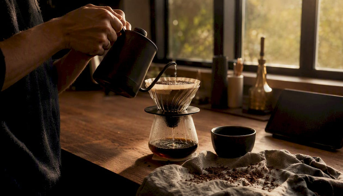 Hands preparing pour-over coffee for a work break