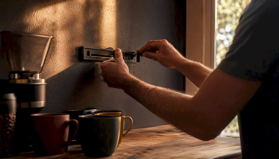 Hands installing floating coffee shelf bracket