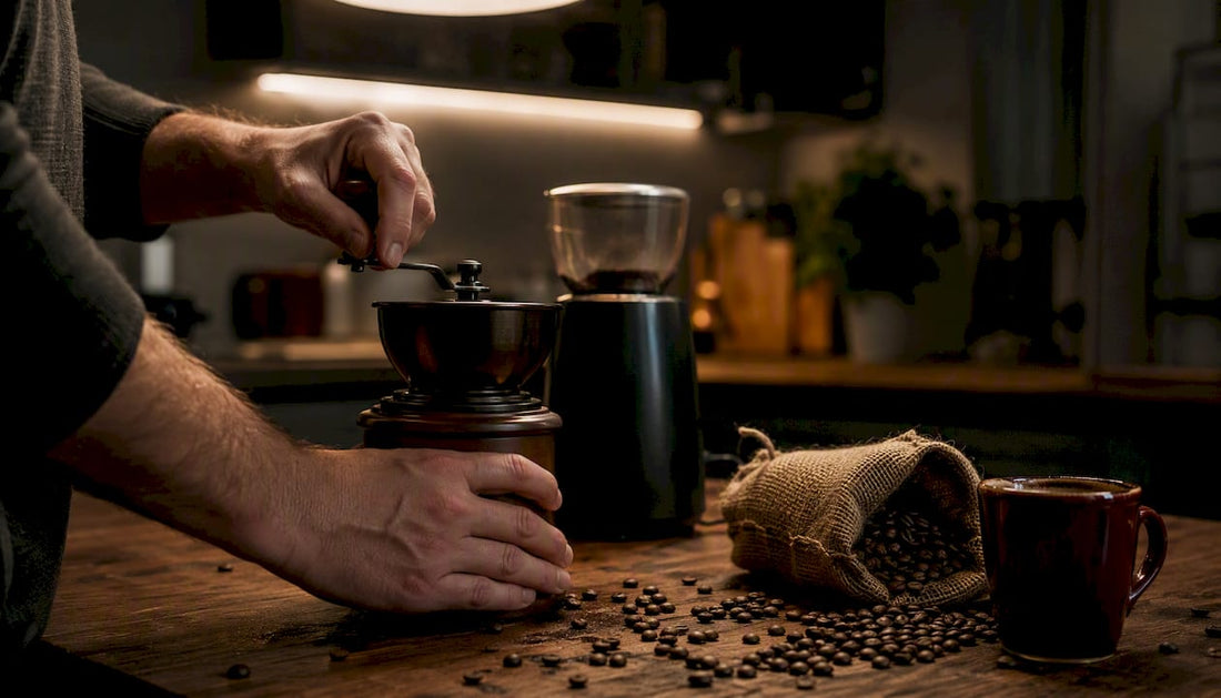 Hands using a manual burr coffee grinder