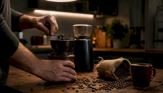 Hands using a manual burr coffee grinder