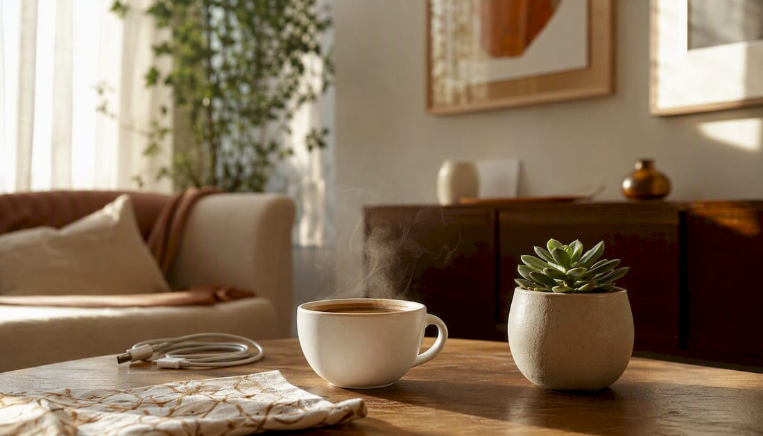 Well-lit home workspace with coffee and plant