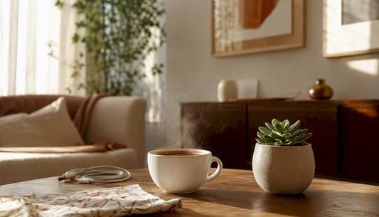 Well-lit home workspace with coffee and plant