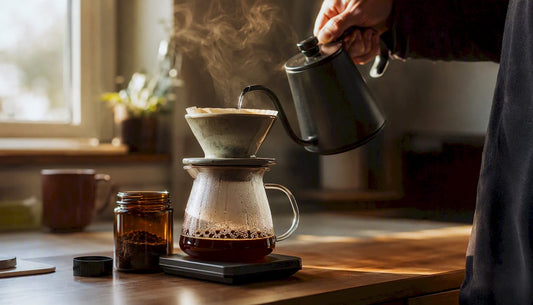 Hand pouring water over coffee grounds in morning