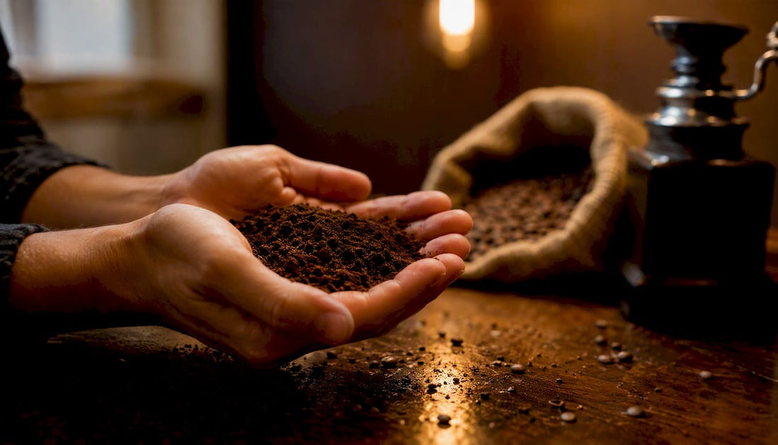 Hands smelling fresh ground coffee