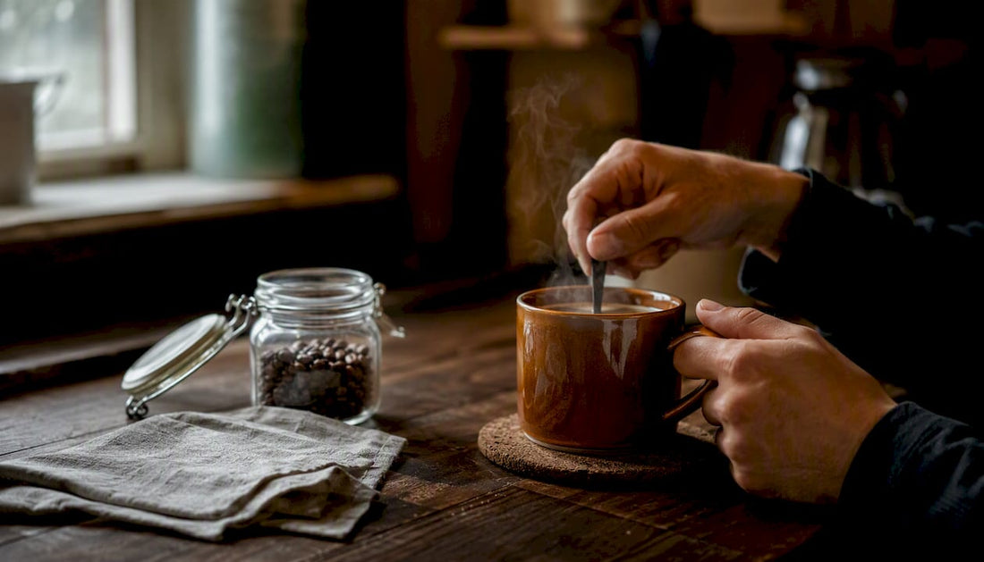 Hands pouring coffee into amber cup