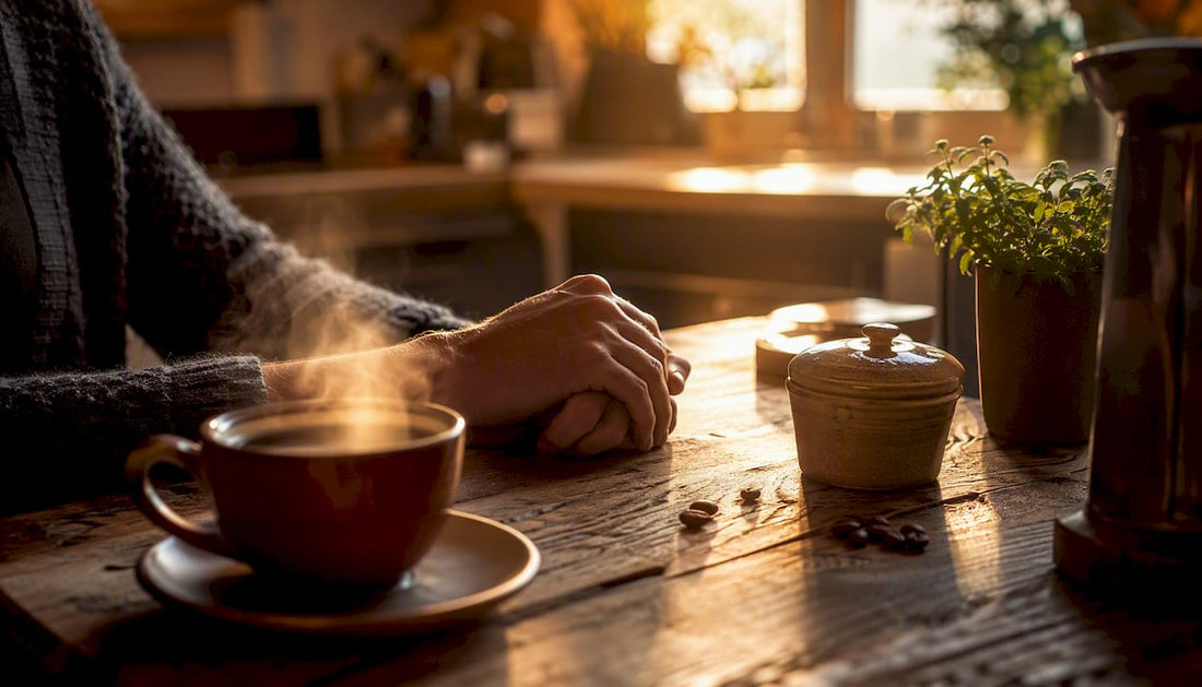 Hands resting on table with coffee cup nearby