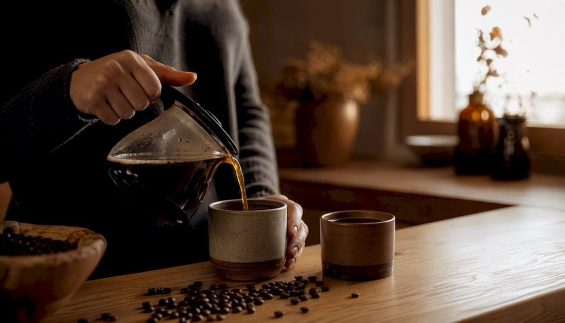 Hands pouring decaf and regular coffee cups