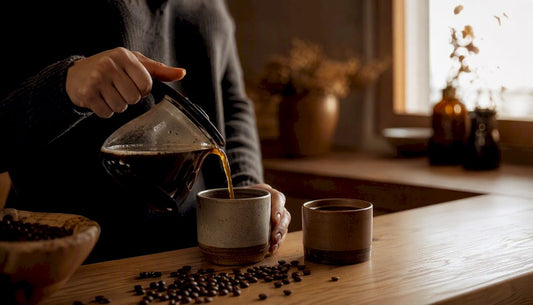 Hands pouring decaf and regular coffee cups