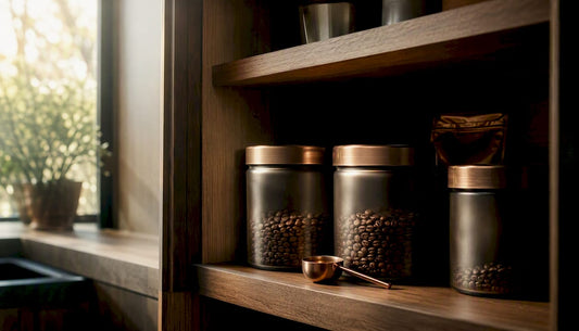 Airtight canisters with coffee beans in kitchen cabinet