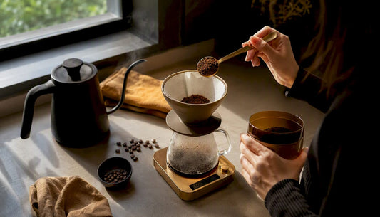 Hands measuring coffee grounds by scale