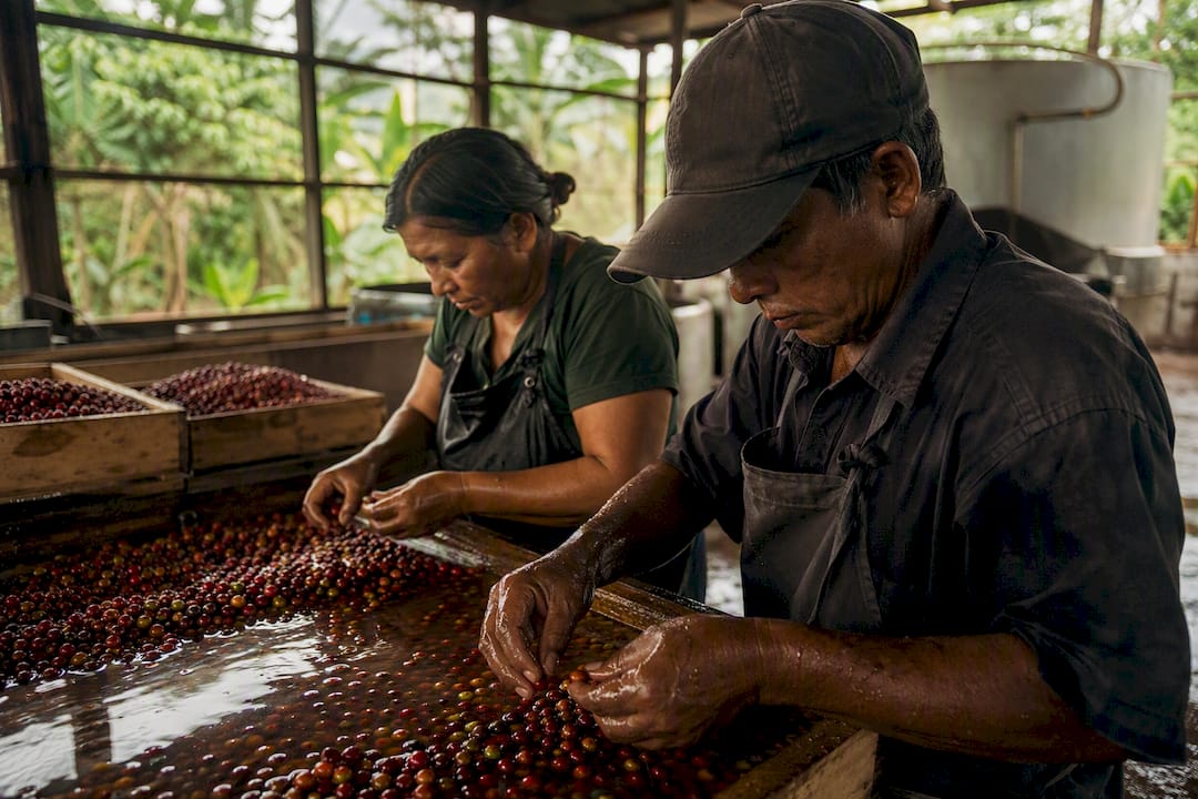 Hands checking coffee beans fermentation in wet mill