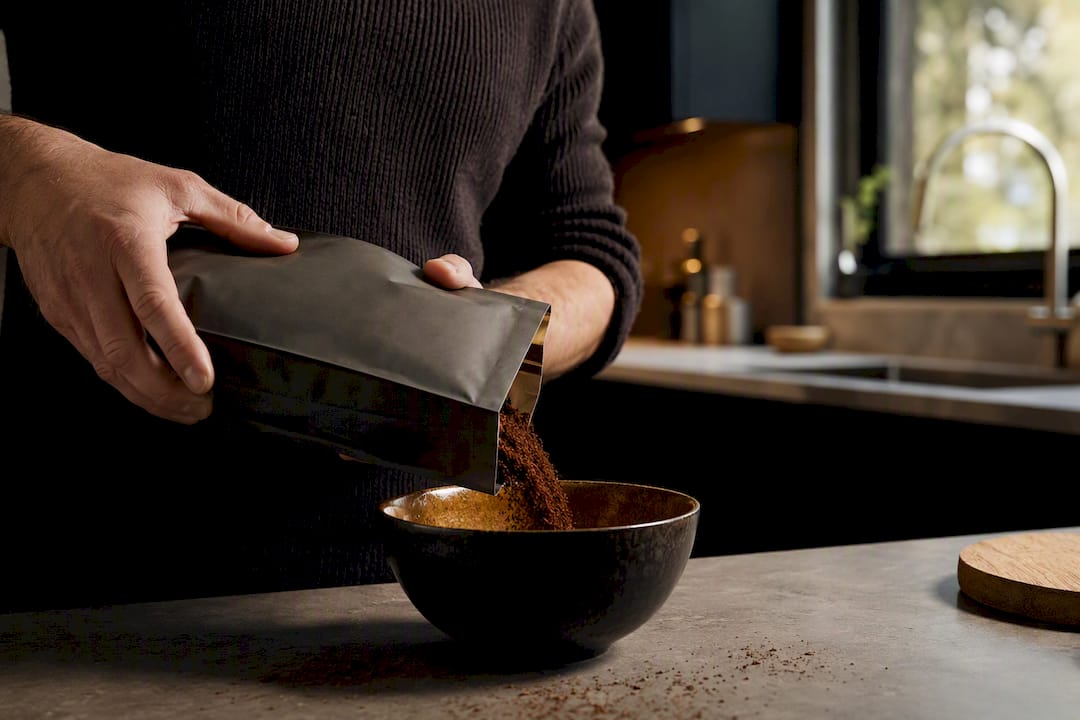 Hand pouring freshly ground coffee from open bag