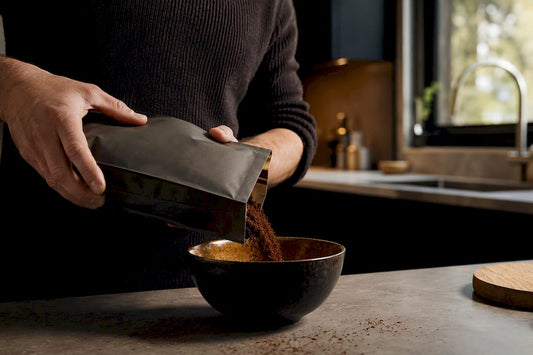 Hand pouring freshly ground coffee from open bag