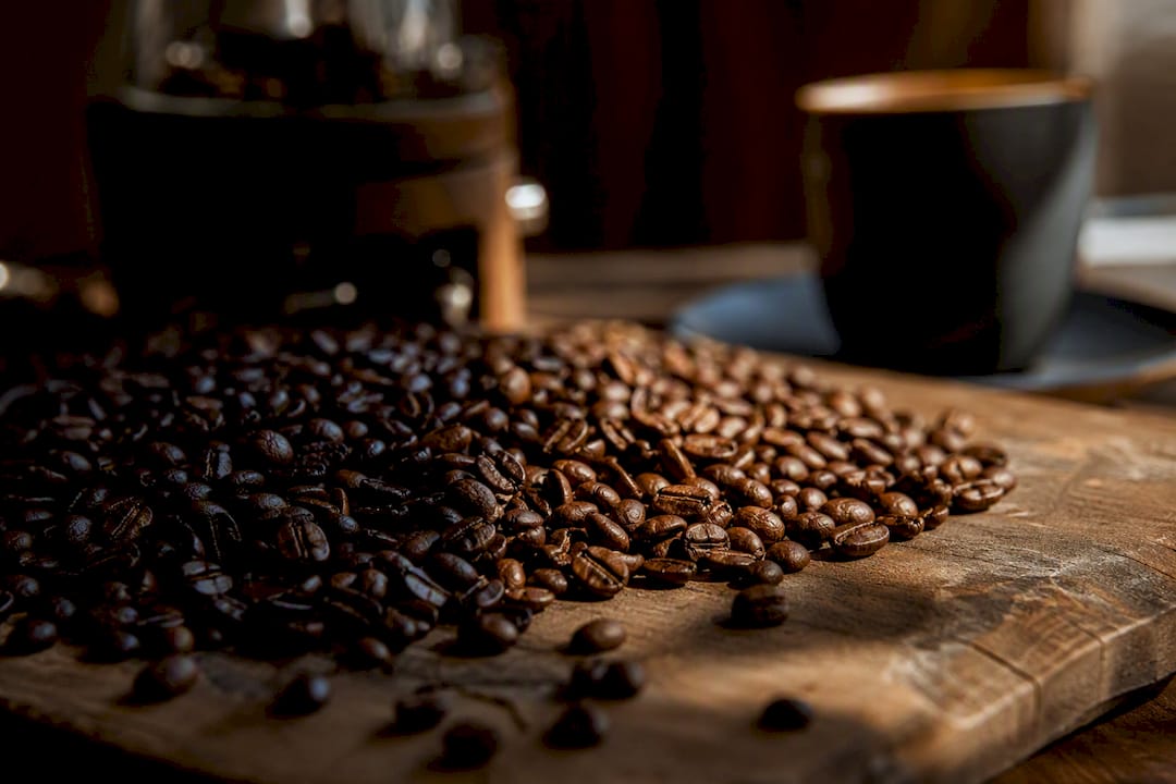 Close-up of dark roasted espresso coffee beans