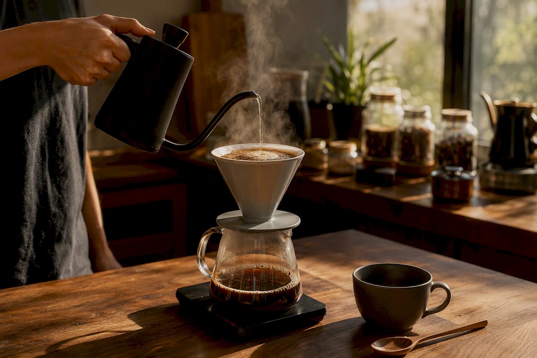 Pouring water over fresh coffee grounds blooming