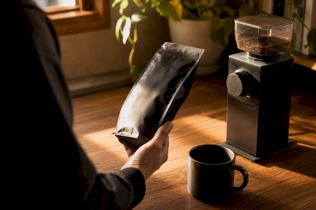 Hand holding coffee bag close-up