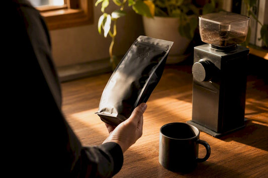 Hand holding coffee bag close-up