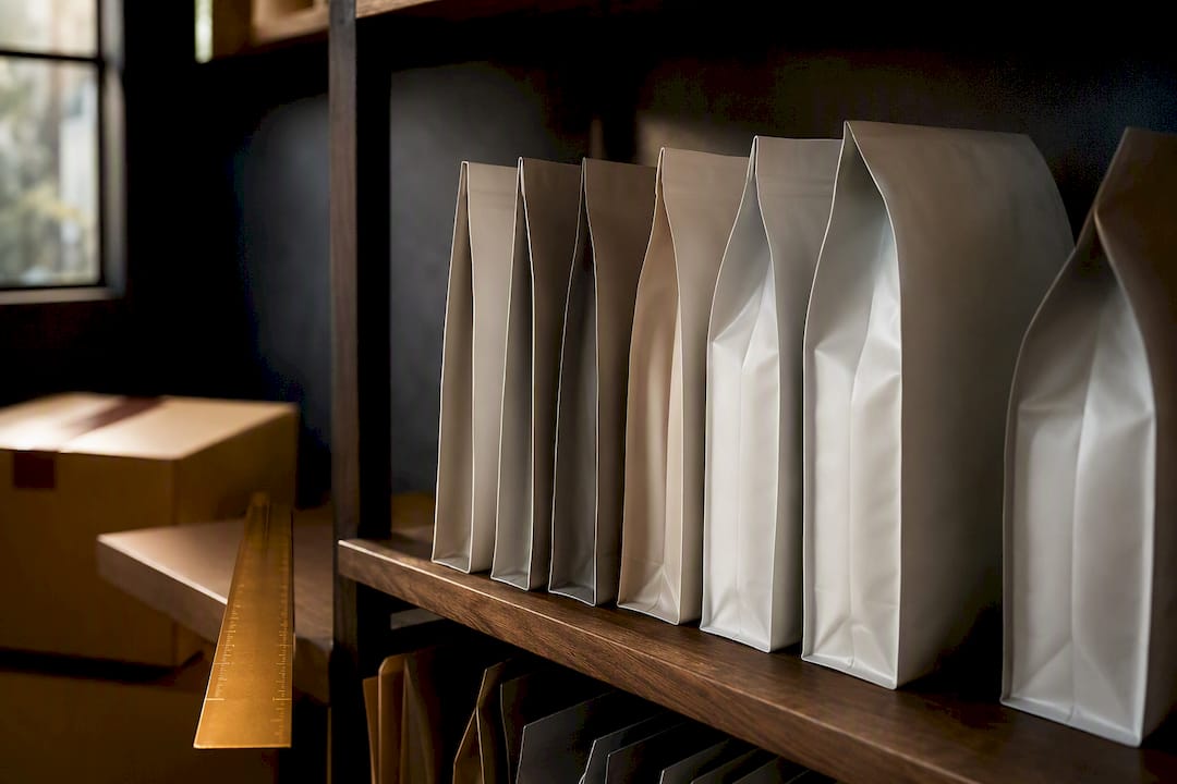 Coffee pouch profiles arranged on retail shelf