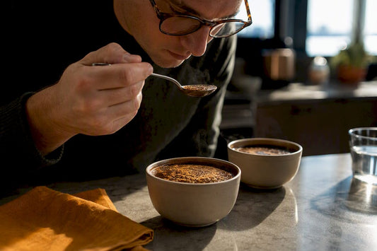 Hands smelling coffee during home cupping