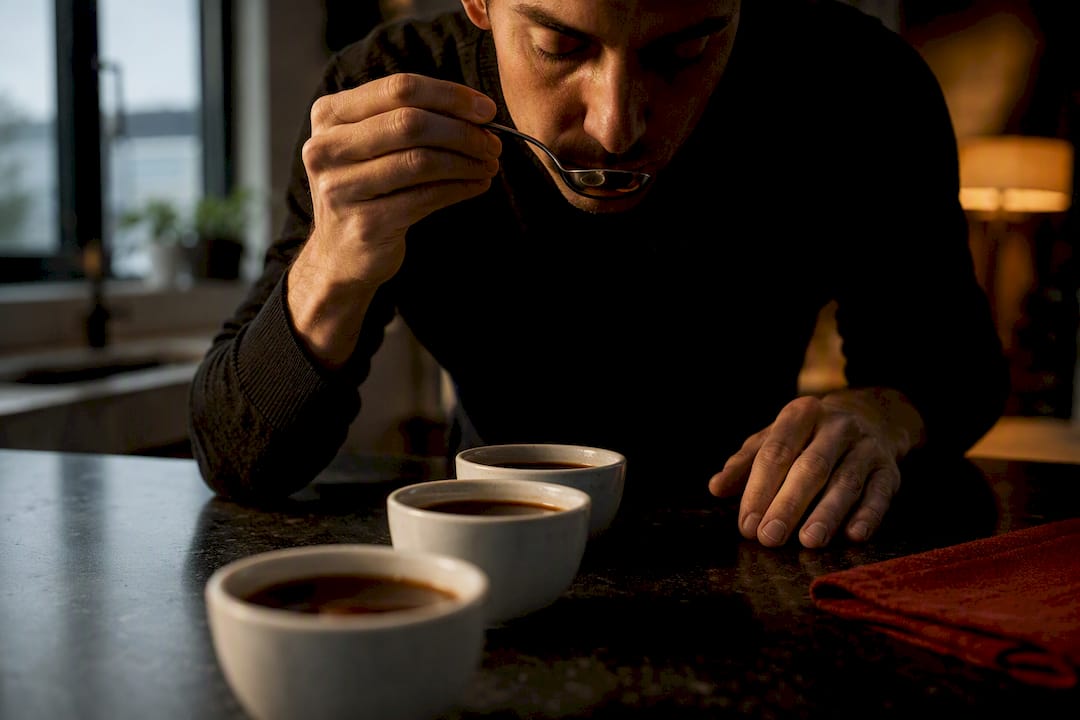 Coffee taster comparing brewed samples