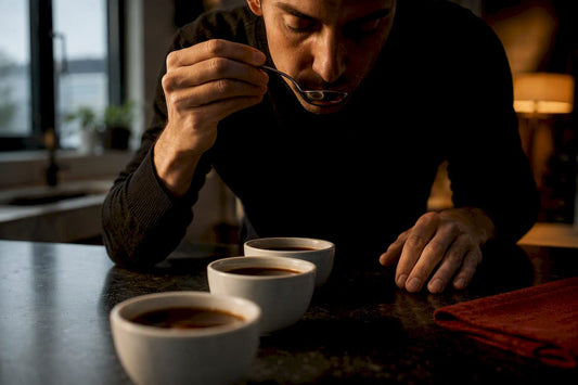 Coffee taster comparing brewed samples