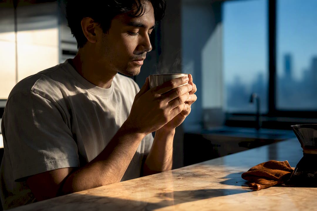 Home barista pausing over morning coffee