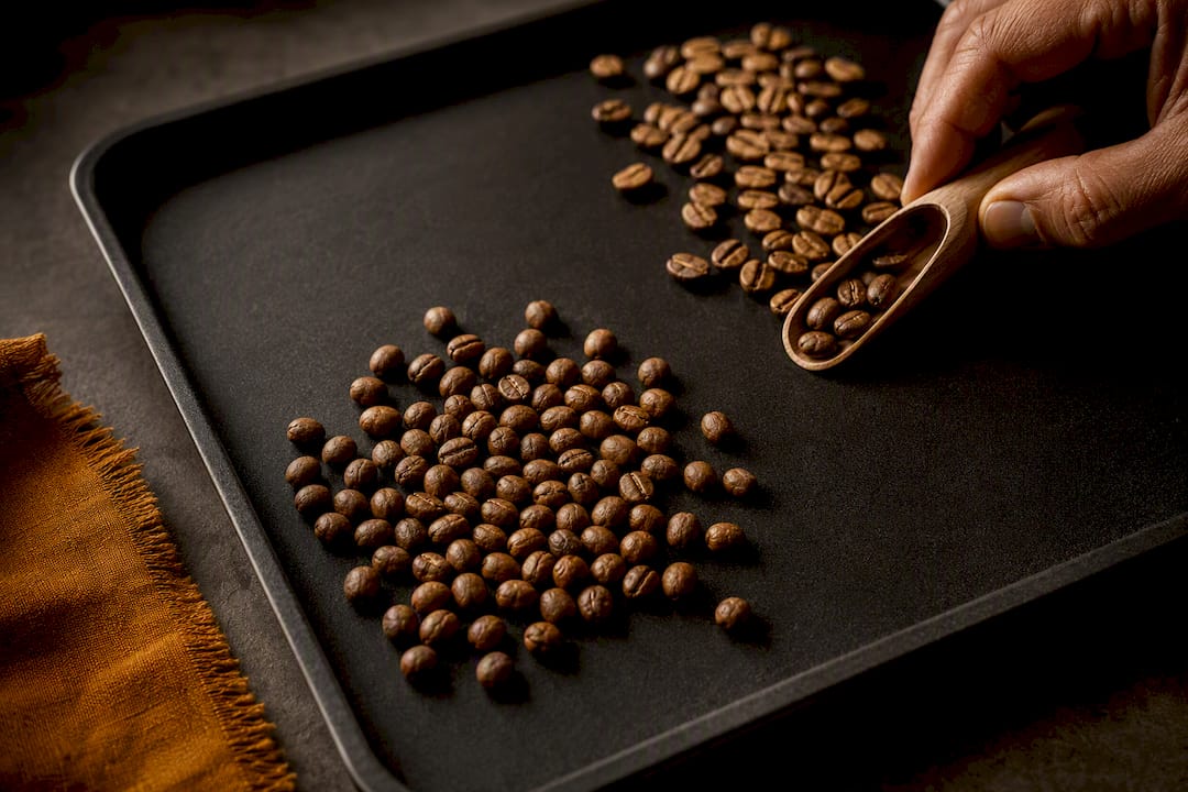 Rounded peaberry beans beside flat coffee beans