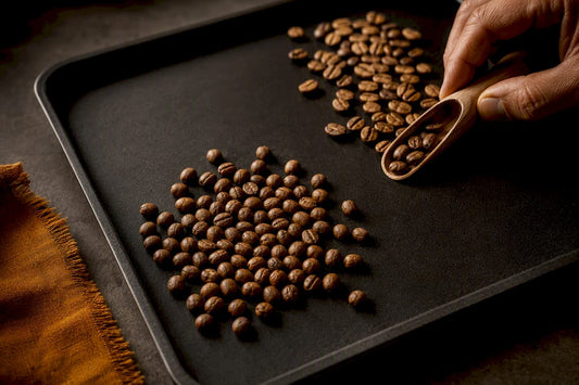 Rounded peaberry beans beside flat coffee beans
