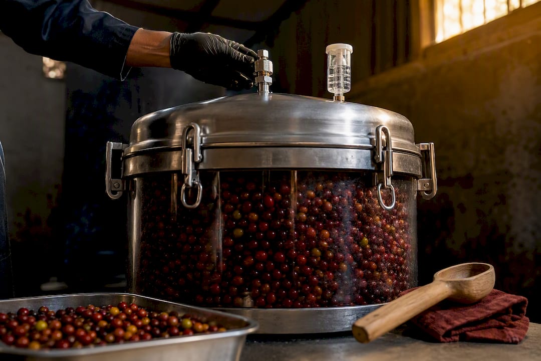 Sealed tank used for anaerobic coffee fermentation