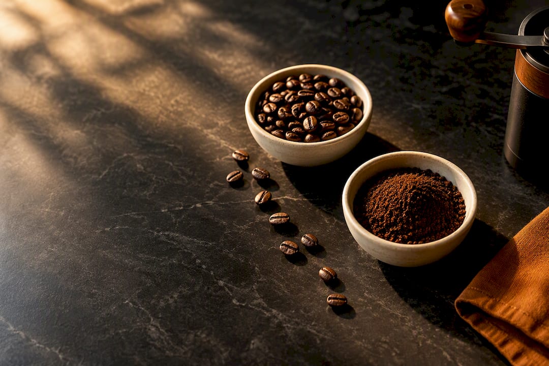 Whole beans beside freshly ground coffee