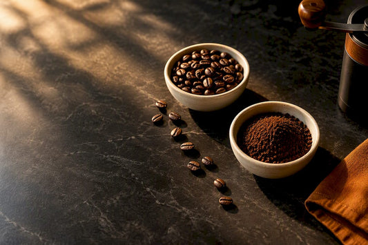 Whole beans beside freshly ground coffee