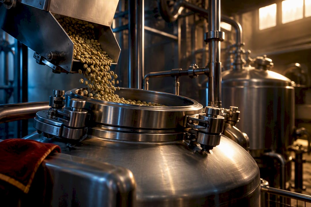 Green coffee beans entering decaffeination equipment