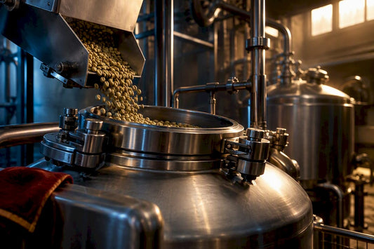 Green coffee beans entering decaffeination equipment
