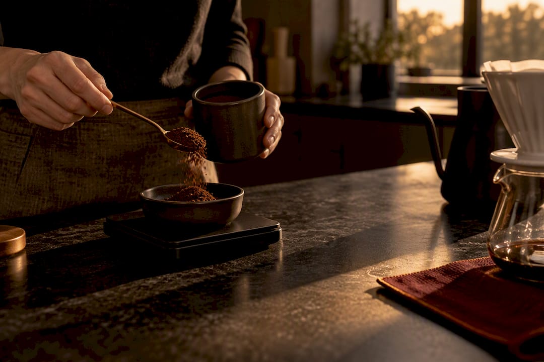 Home brewer weighing coffee and water