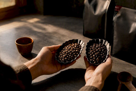 Hands comparing coffee bean samples