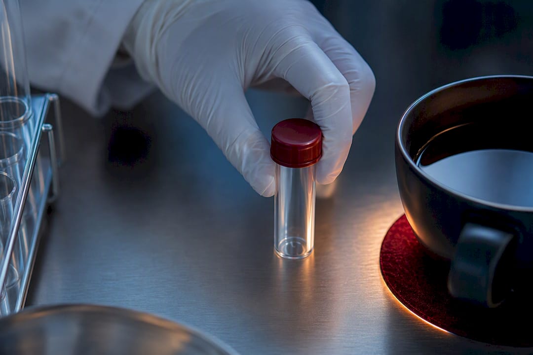 Coffee cup beside microbiome research sample